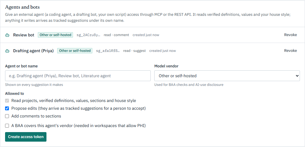 Connected agents with their scopes, and the form that gives a new agent scoped, revocable access.